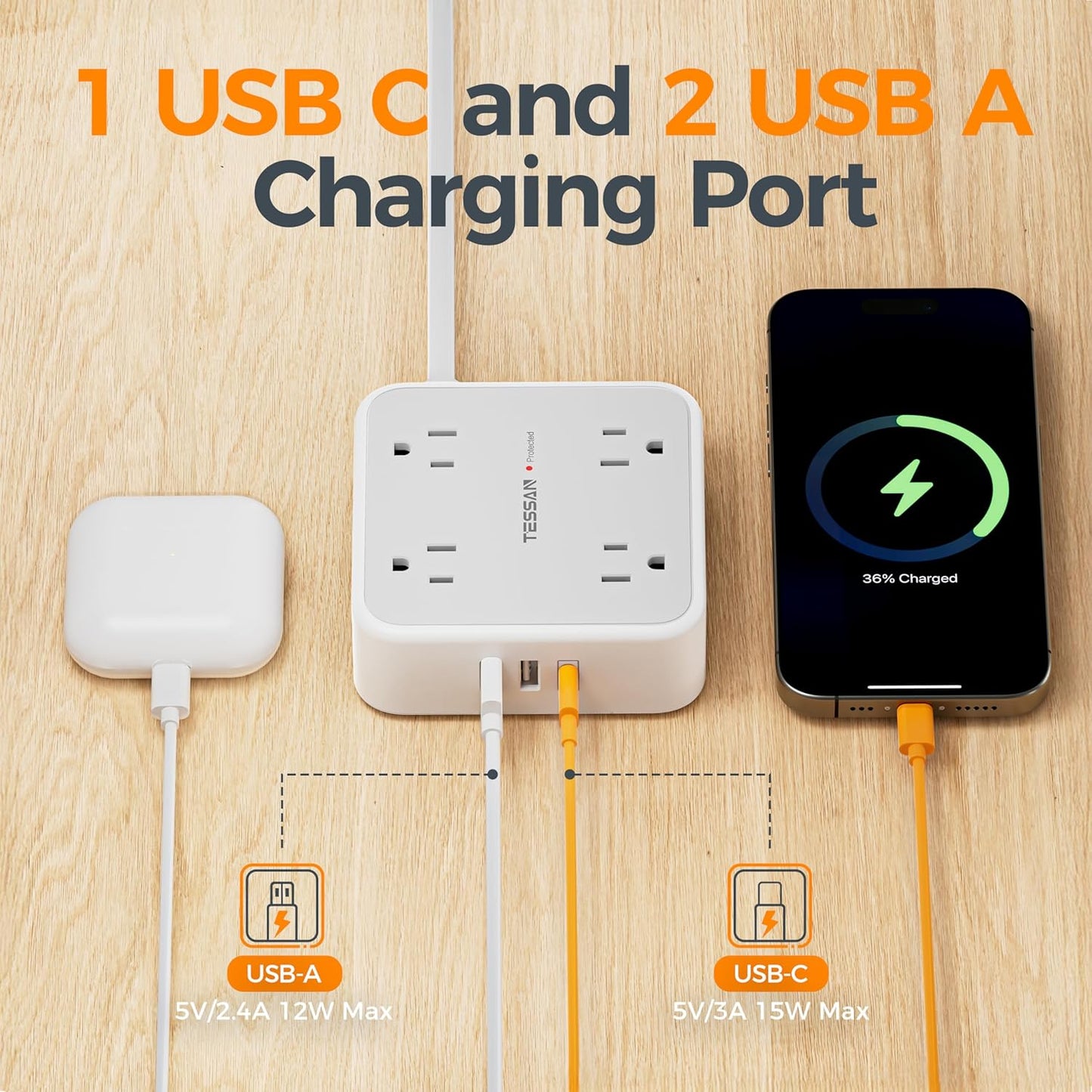 TESSAN 10 Ft Surge Protector Power Strip, 3 USB(1 USB C) 8 Outlets, Flat Plug Extension Cord with Multiple Outlets, 900J Protection, Desk Charging Station for Home, Dorm Room Essentials, Grey