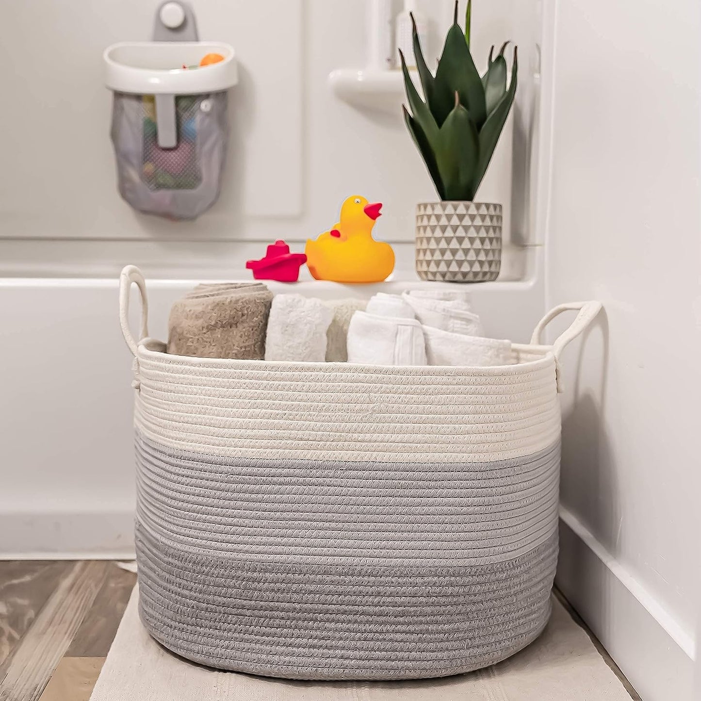 OrganiHaus Round Toy Basket & Blanket Basket, Cotton Rope 20x13" | 3-Toned Gray - Round Cotton Rope Basket, 20x13"