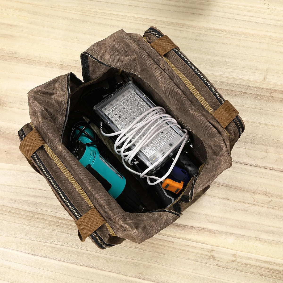 Kaaltisy 16oz Waxed Canvas Tool Bag – Robust Zipper Garden Tools Tote with 3 Compartments & Padded Handle (Grey) – Tool Organizer for Gardening Wire Cutters Goggles
