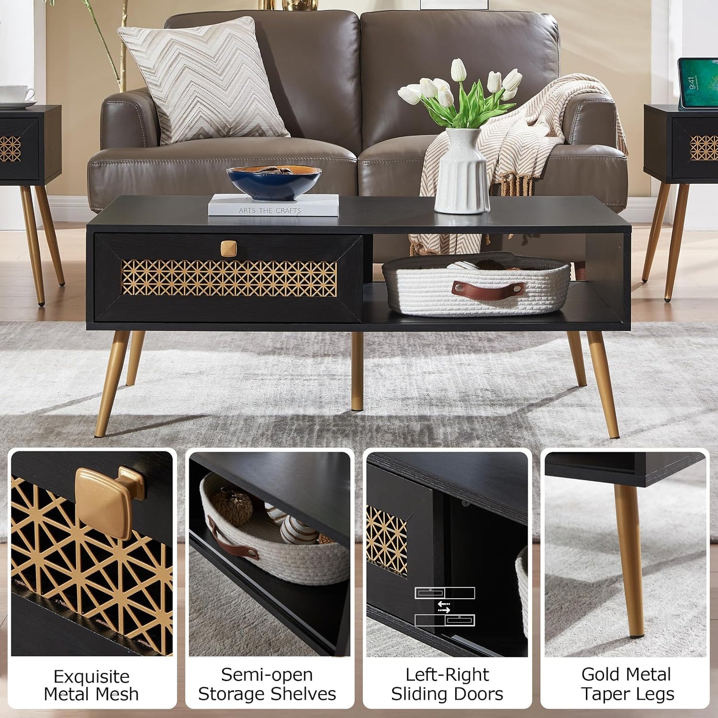 Wooden Mid Century Modern Coffee Table, Retangle Coffee Table with Sliding Door for Living Room, Black