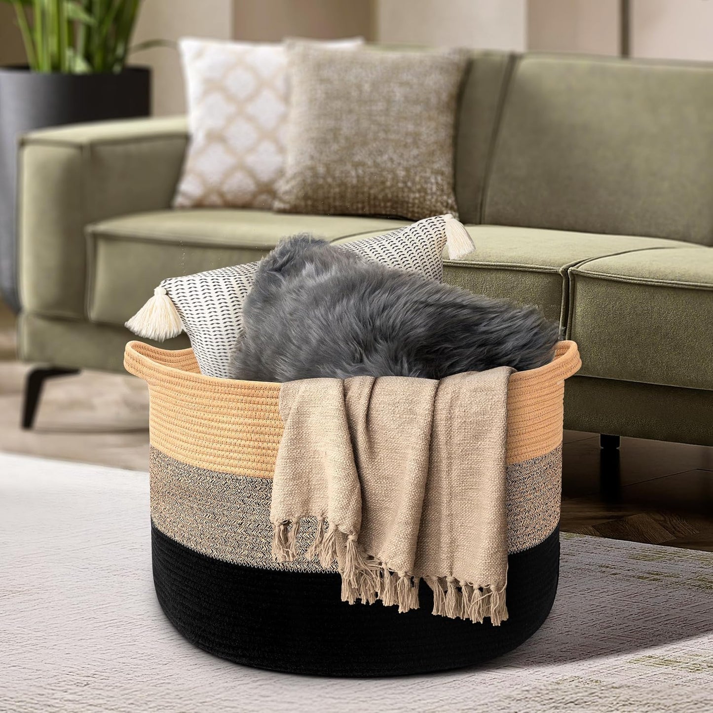 Maliton Woven Rope Blanket Basket Living Room, Storage Basket for Toy, 90L | 22"x14" Cotton Rope Basket. Holds Blankets, Toys & Towels & Laundry. For Bedroom, Nursery, Bath & Playroom. Soft & Durable