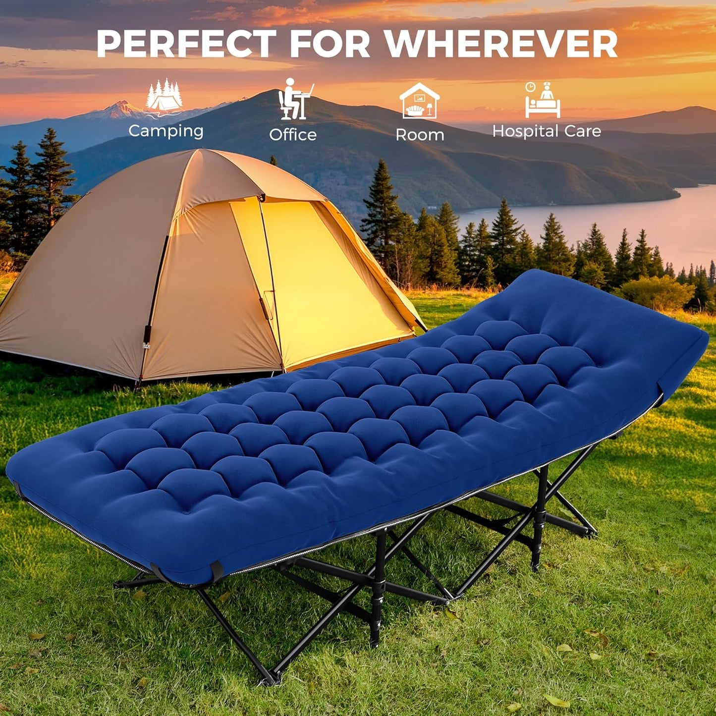 JEAREY Camping Cot for Sleeping 28" Extra Wide, Heavy-Duty 1200D Oxford Foliding Cots for Adults Portable with Mattress, Carry Bag for Guest, Travel, Hiking, Navy