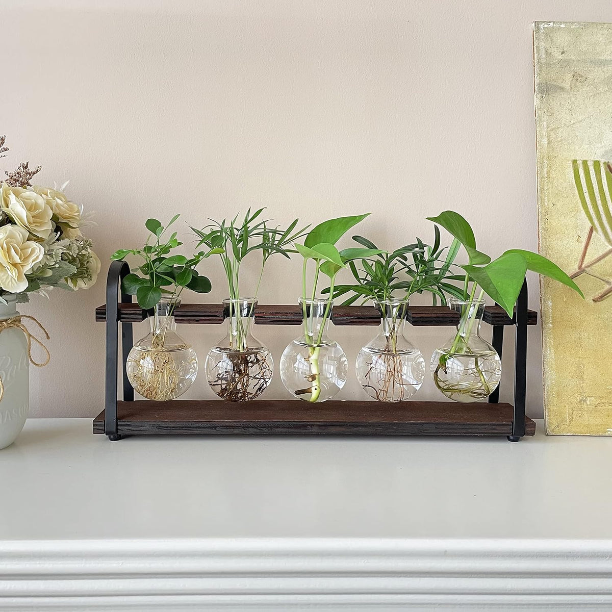 5-Bulb Plant Propagation Station, Glass Vase Terrarium, Wood Metal Stand