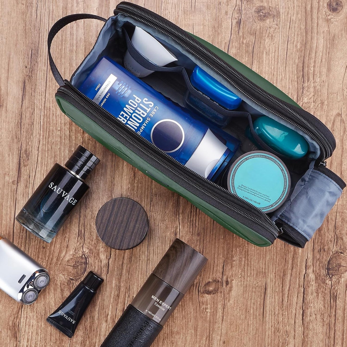 ZEEMO Travel Toiletry Bag for Men, Medium Water-Resistant Double-Sided Full-Open Dopp Kit, Versatile Organizer for Shower and Hygiene Accessories, Bathroom Essentials, Cosmetics, Green