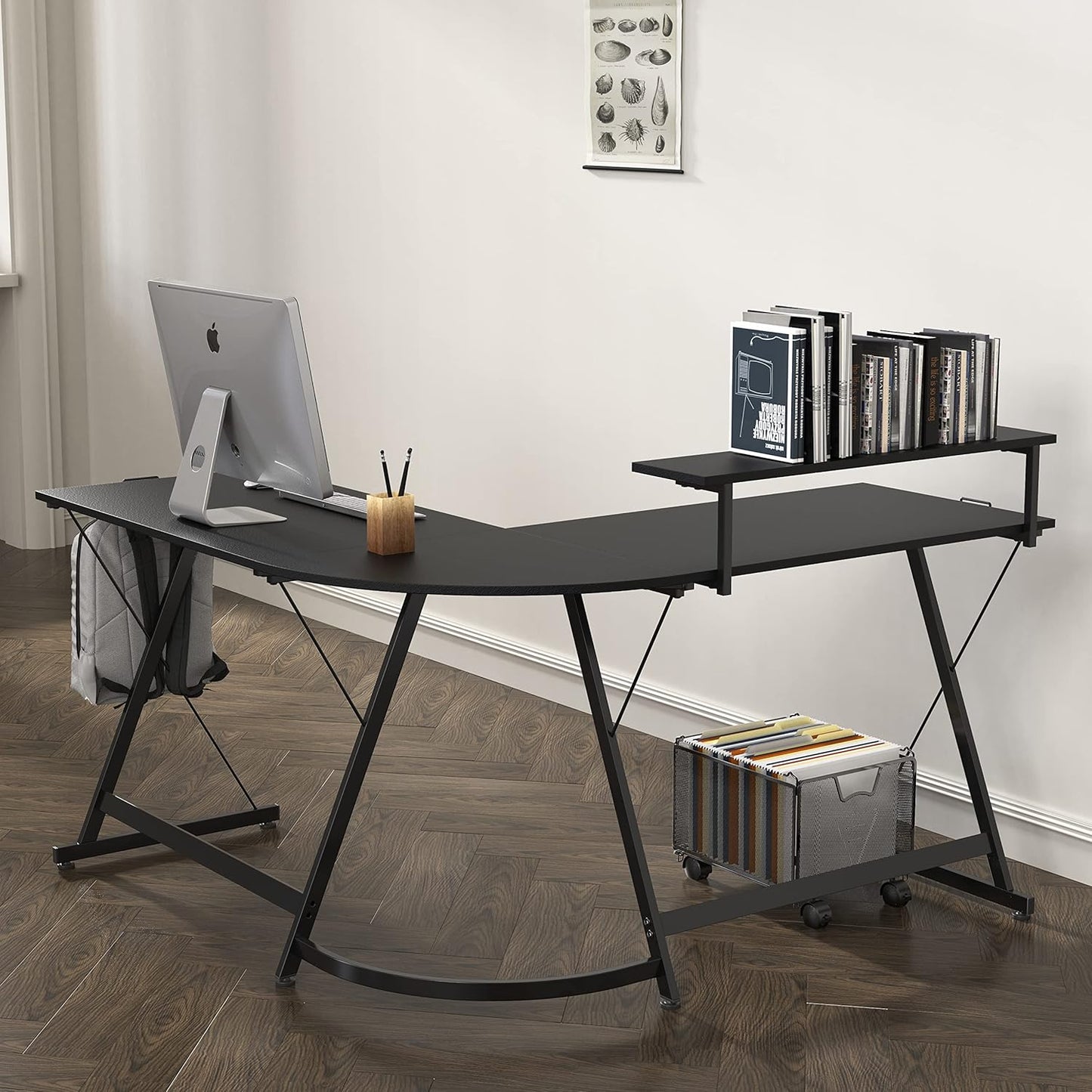 SHW 51 x 51 Inches Vista L-Shaped Desk with Monitor Stand and Drawer, Black