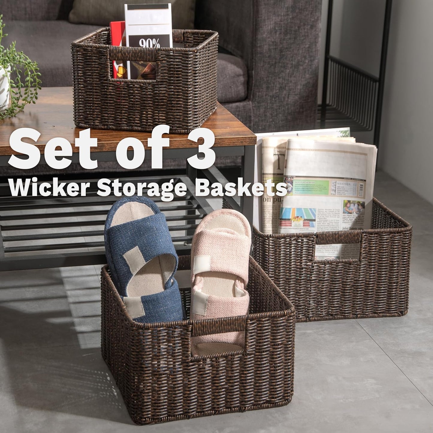 myHomeBody Wicker Storage Basket, Storage Cubes, Resin Wicker, Rustic Brown | Set of 3, Woven Baskets for Organizing, Wicker Baskets for Shelf, Large Cube Storage Organizer