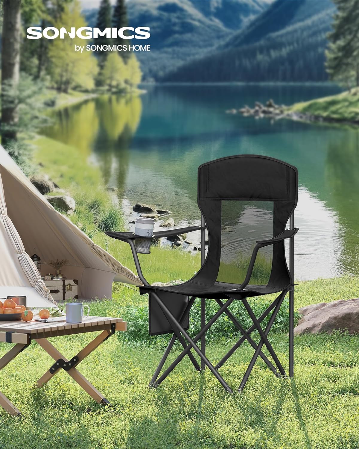 SONGMICS 2 Pack Breathable Camping Chairs, 330 lb Capacity Foldable Outdoor Chairs, High Back, Adjustable Armrests & Cup Holder, for Sports Garden Backyard, Ink Black UGCB028B02