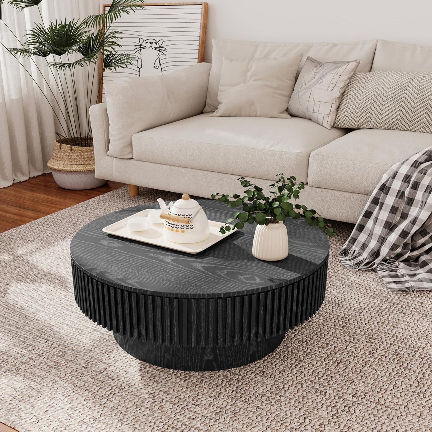 31.5" Round Coffee Table with Hidden Storage Compartment, Modern Handcraft Fluted Drum Coffee Table, Wooden Circle Center Table Cocktail Tea Table with Sturdy Pedestal for Living Room, Black