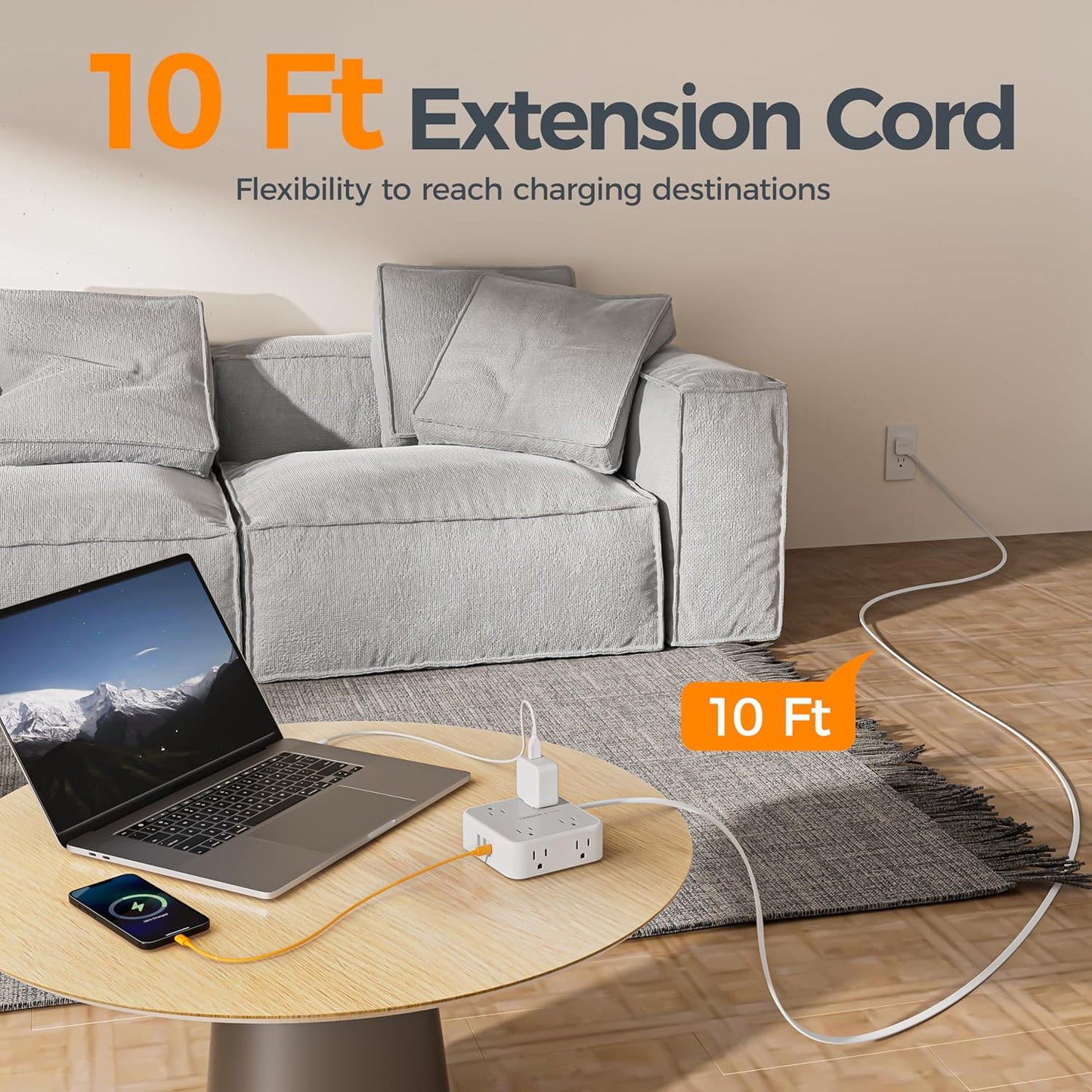 TESSAN 10 Ft Surge Protector Power Strip, 3 USB(1 USB C) 8 Outlets, Flat Plug Extension Cord with Multiple Outlets, 900J Protection, Desk Charging Station for Home, Dorm Room Essentials, Grey