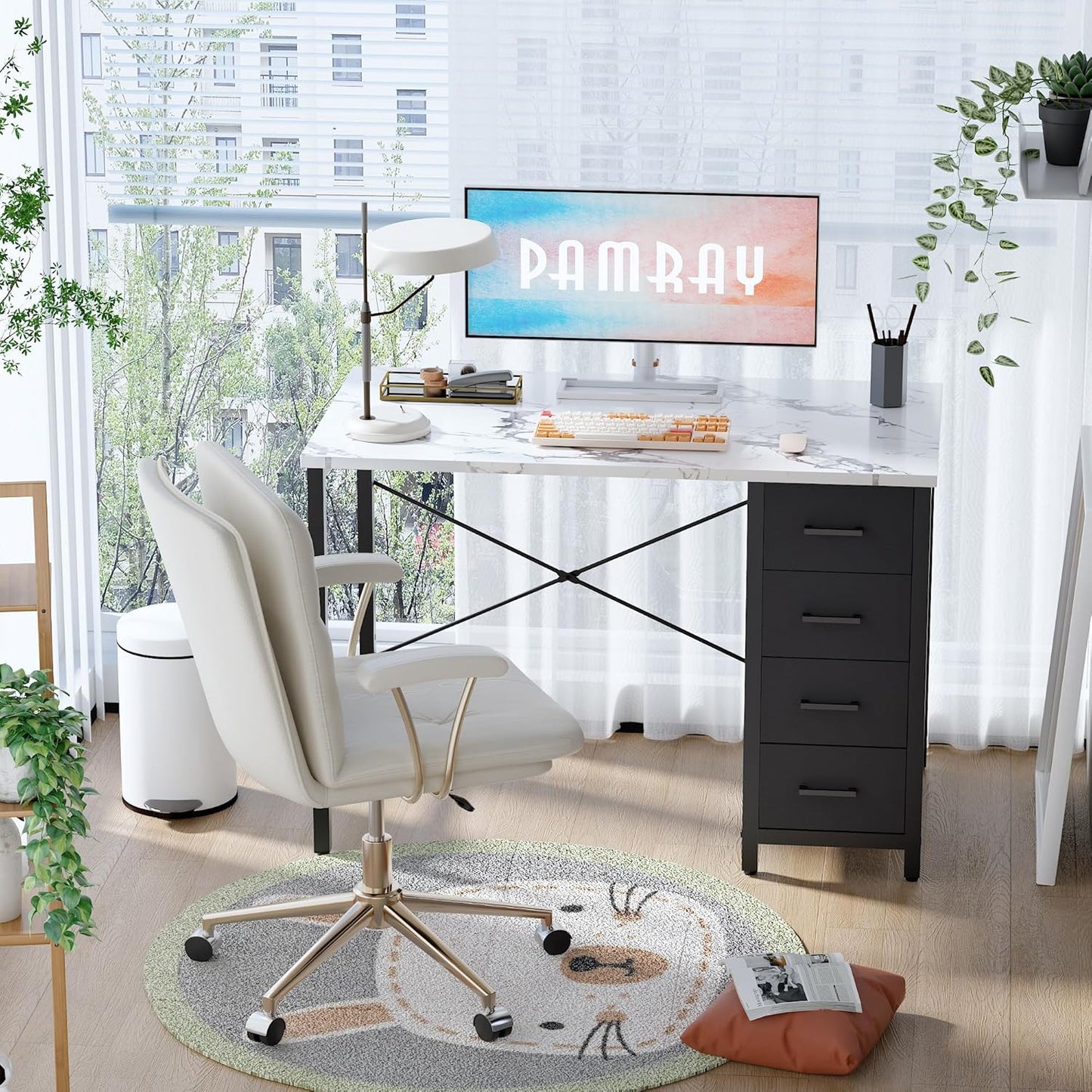 Pamray 32 Inch Computer Desk with 4 Drawers Small Office Desk for Home Bedroom Study Writing Simple Modern Computer Table Marble