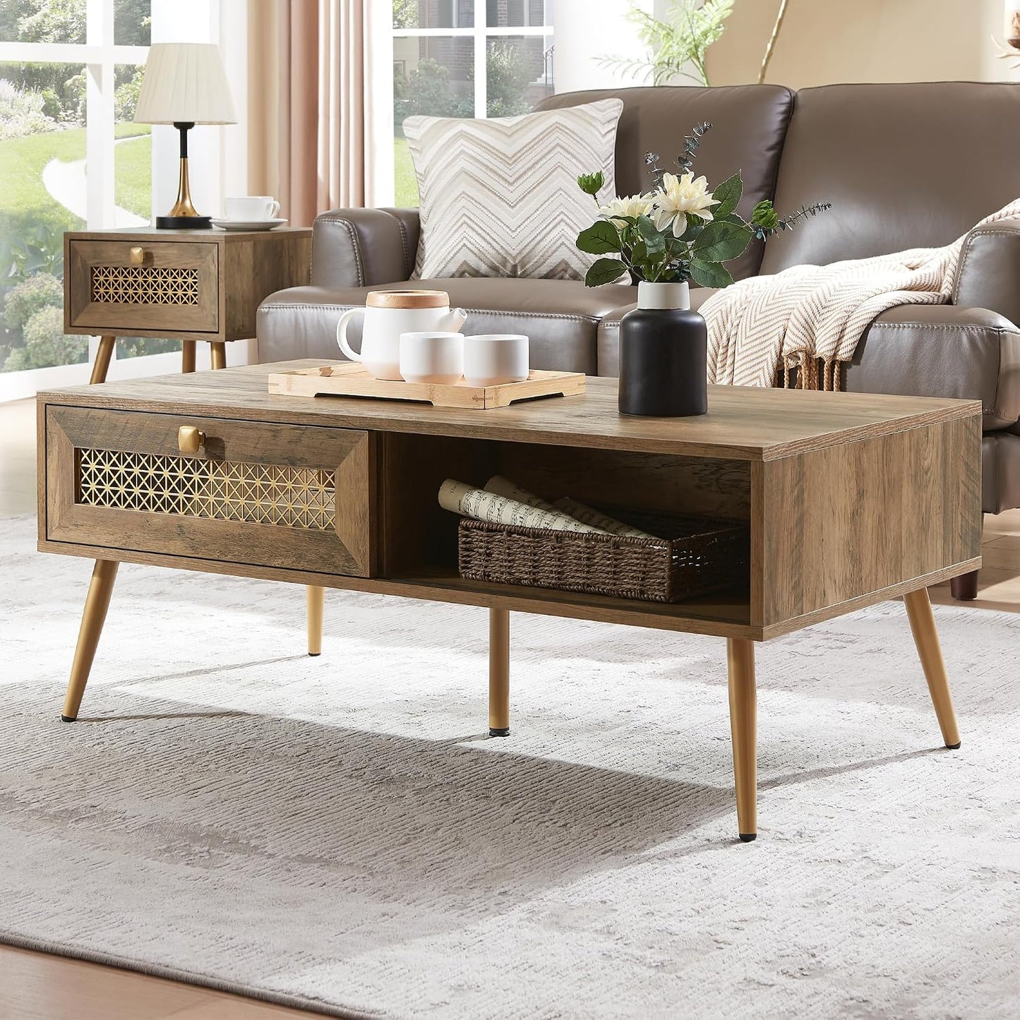 Mid Century Modern Wood Coffee Table, Retangle Coffee Table with Sliding Door for Living Room, Rustic Oak