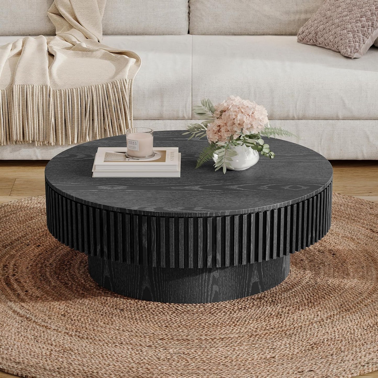 31.5" Round Coffee Table with Hidden Storage Compartment, Modern Handcraft Fluted Drum Coffee Table, Wooden Circle Center Table Cocktail Tea Table with Sturdy Pedestal for Living Room, Black