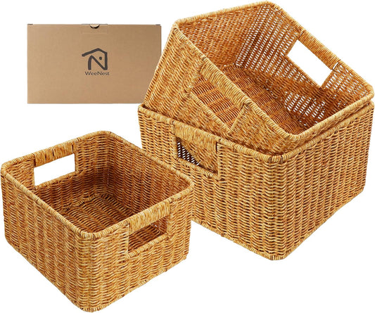 WeeNest Baskets with Handles, Wicker Storage, Shelf Boxes for Organizing, Decorative Resin, Set of 3, Amber