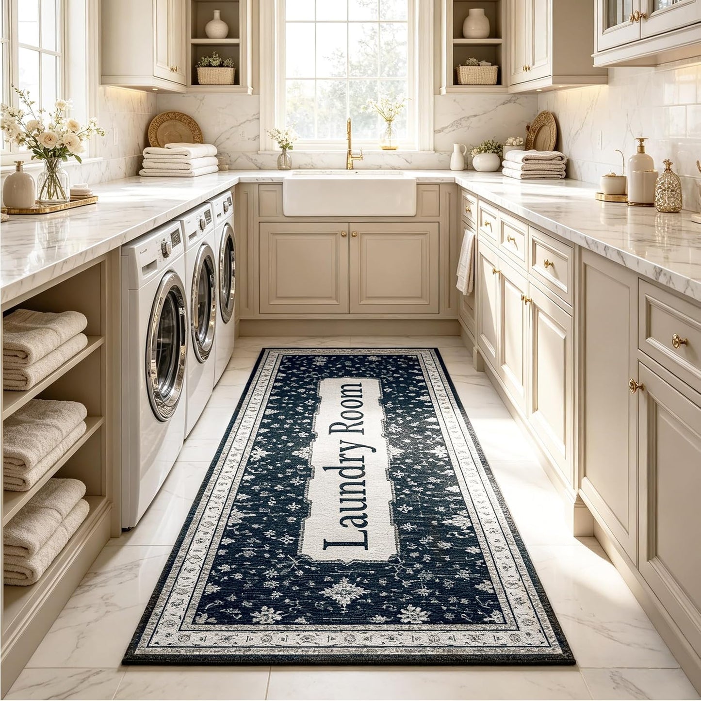Laundry Room Rug 20"x47" – Black Boho Floor Tribal Runner Rug, Non Slip Washable Faux Wool Laundry Mat for Washer Dryer Area, Soft Vintage Low-Pile Farmhouse Runner for Kitchen, Hallway, Bathroom