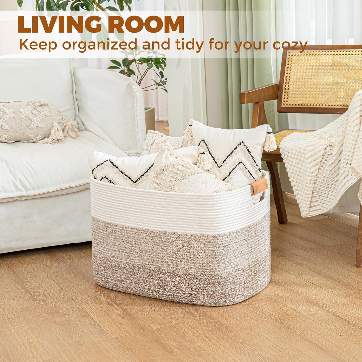 danpinera Rectangle Blanket Storage Basket, Large Blanket Basket Living Room, Nursery Nin for Toys, 50 L Large Woven Storage for Toy Organizing & Laundry, 18.11’’*14.17’’*11.81’’, Gradient Brown