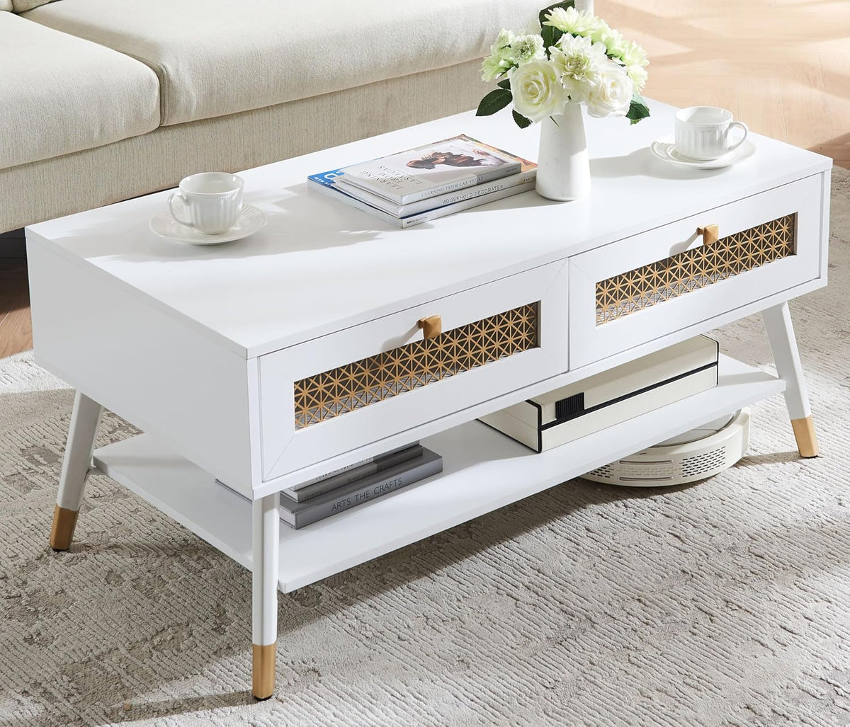 Wooden Mid Century Modern Coffee Table, Retangle Accent Center Table with Two Drawers, Coffee Tables for Living Room, White