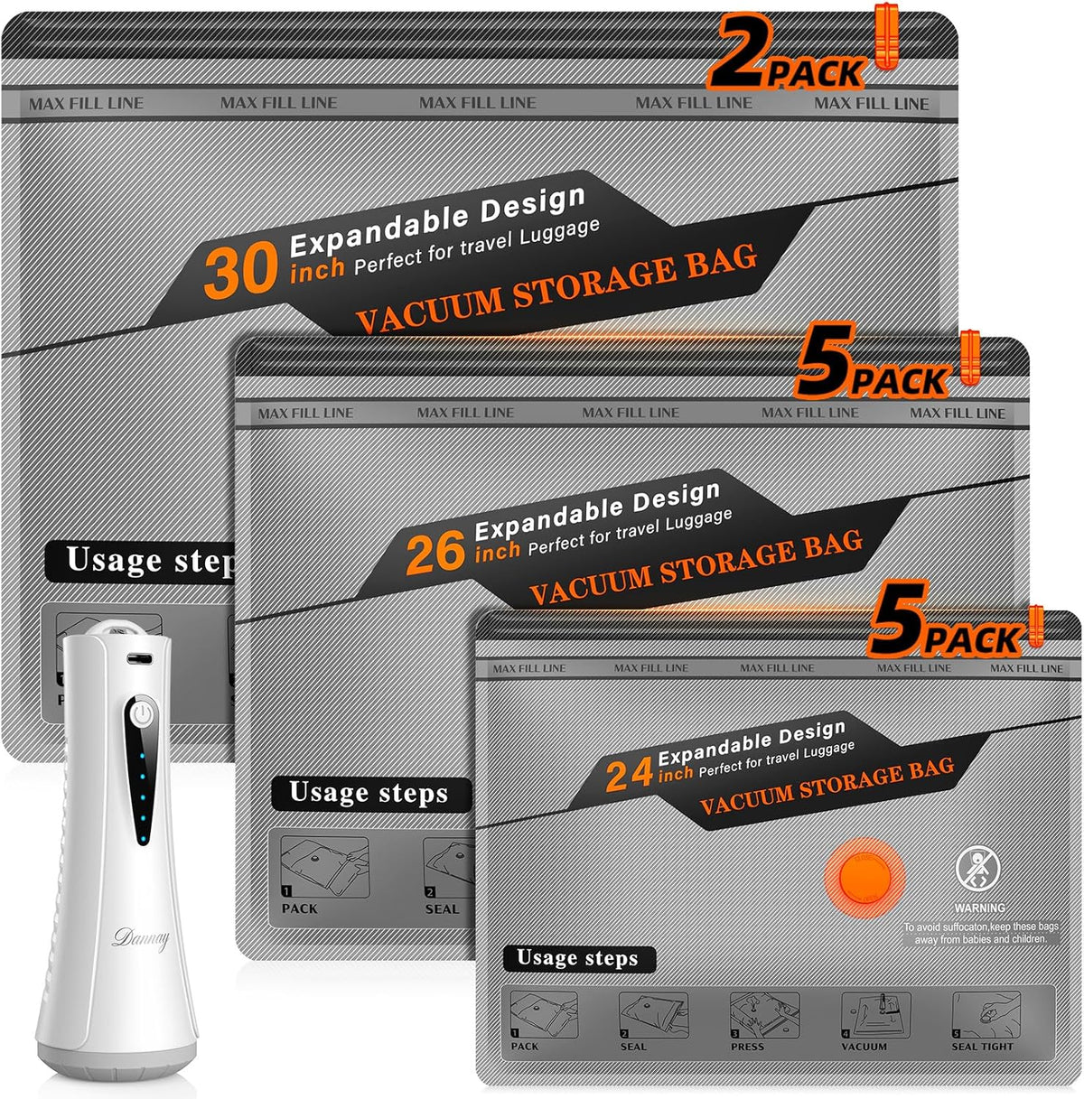Vacuum Storage Bags for Travel with Rechargeable Air Pump, 12 Pack Space Saver Bags for Clothing, Luggage & Suitcase Compression, Efficient & Portable Storage Solution for Travel Essentials