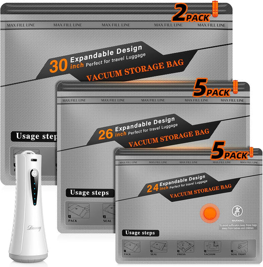 Vacuum Storage Bags for Travel with Rechargeable Air Pump, 12 Pack Space Saver Bags for Clothing, Luggage & Suitcase Compression, Efficient & Portable Storage Solution for Travel Essentials