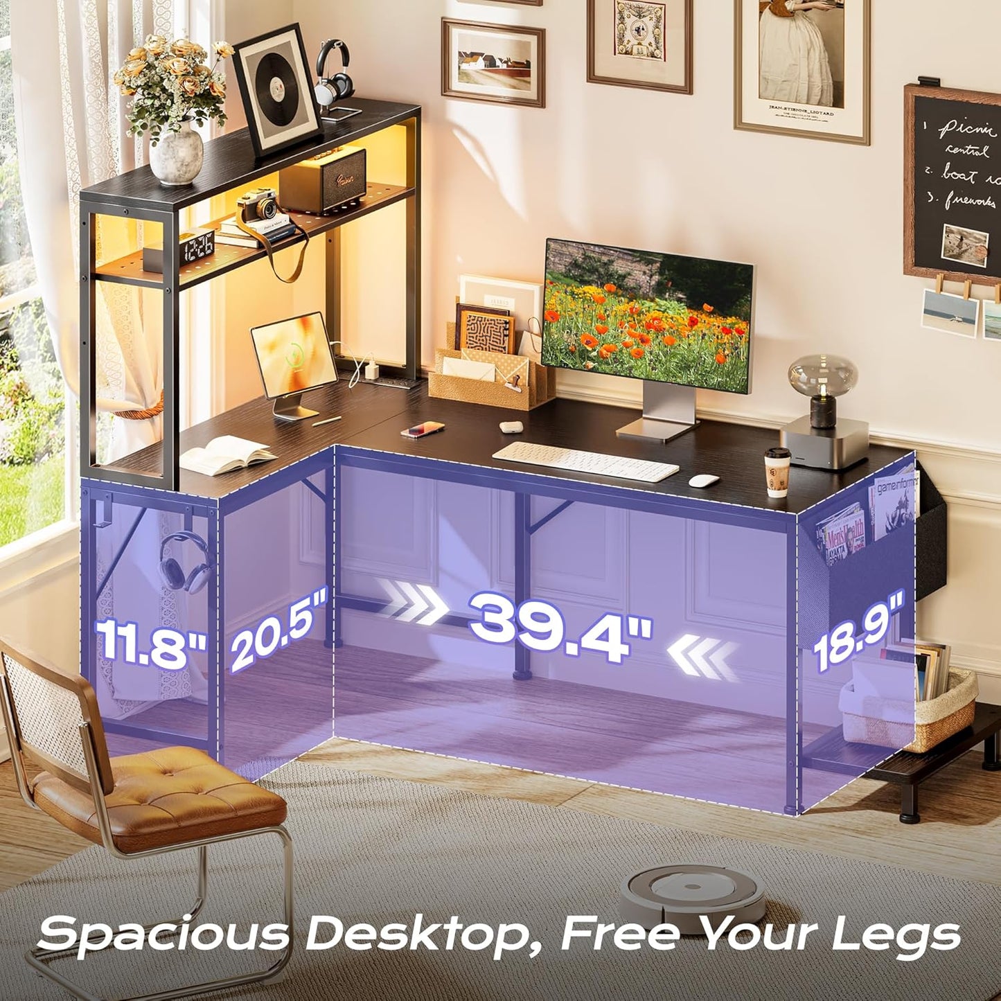 PRAISUN 51.2" L Shaped Gaming Desk with Power Outlets & USB-C Port, LED Lights, Computer Desk with Pegboard, Corner Desk with Storage Shelves & Bag, Office Desk with CPU Stand for Home Office, Black