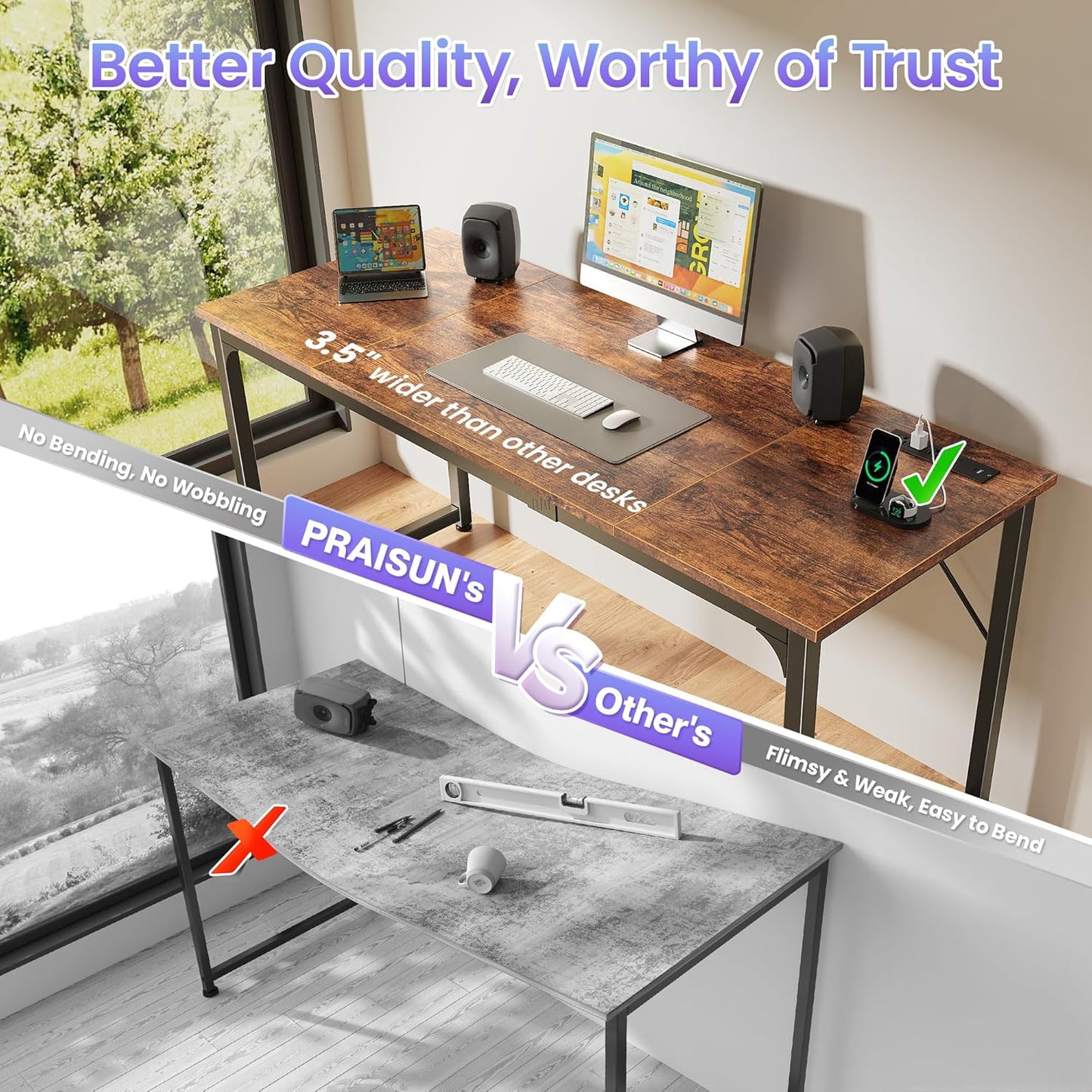 PRAISUN 63 X 24 Inch Office Computer Desk with Power Outlets and USB-C Port, Larger and Longer Gaming Desk, for Home Office, Study, Writing Work from Home Table, Metal Frame, White