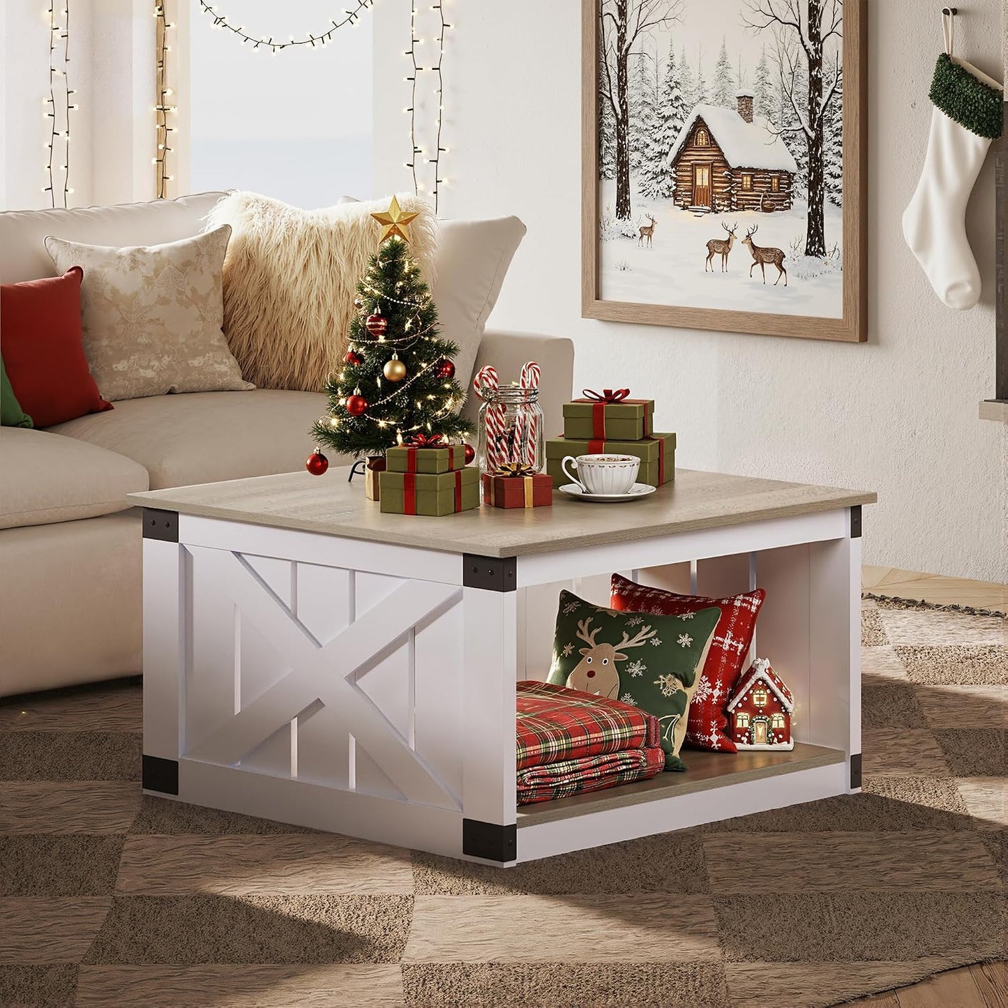 WLIVE Coffee Table, Farmhouse Coffee Table with Open Storage, 31.5" Wood Square Living Room Tables, Rustic Dining Cocktail Center Table for Living Room, White