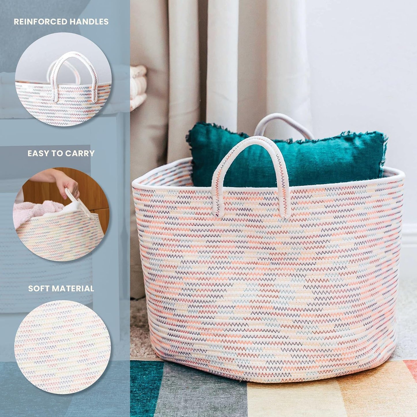 OrganiHaus Round Toy Basket & Blanket Basket, Cotton Rope 20x13" | Stitches Rainbow - Round Cotton Rope Basket, 20x13"