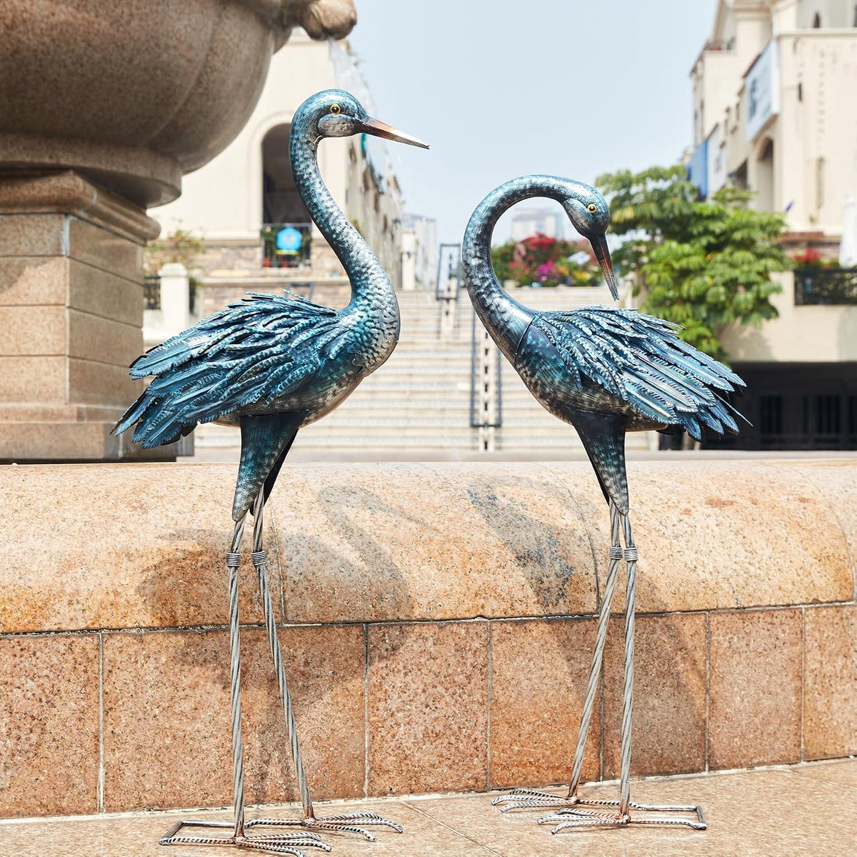 Kircust Metal Blue Heron Standing Crane Statues Outdoor Garden Decor