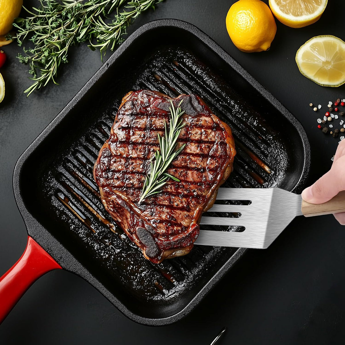 Stainless Steel Spatula Set, 2 pcs for Cast Iron Skillet with Wooden Handle