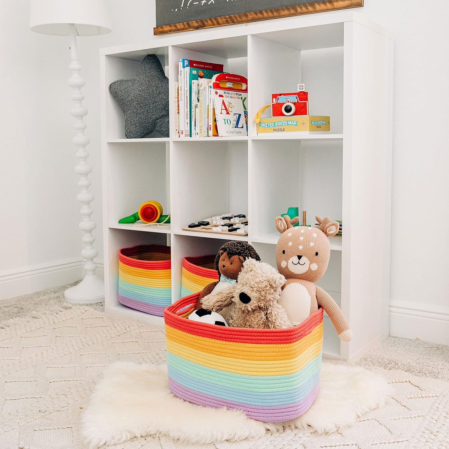 OrganiHaus Rainbow Baskets for Shelves, Set of 3, 15x9x10 | Colorful, handwoven cotton rope; a toy bin for playroom, classroom, or girls' room decor; great for nursery too