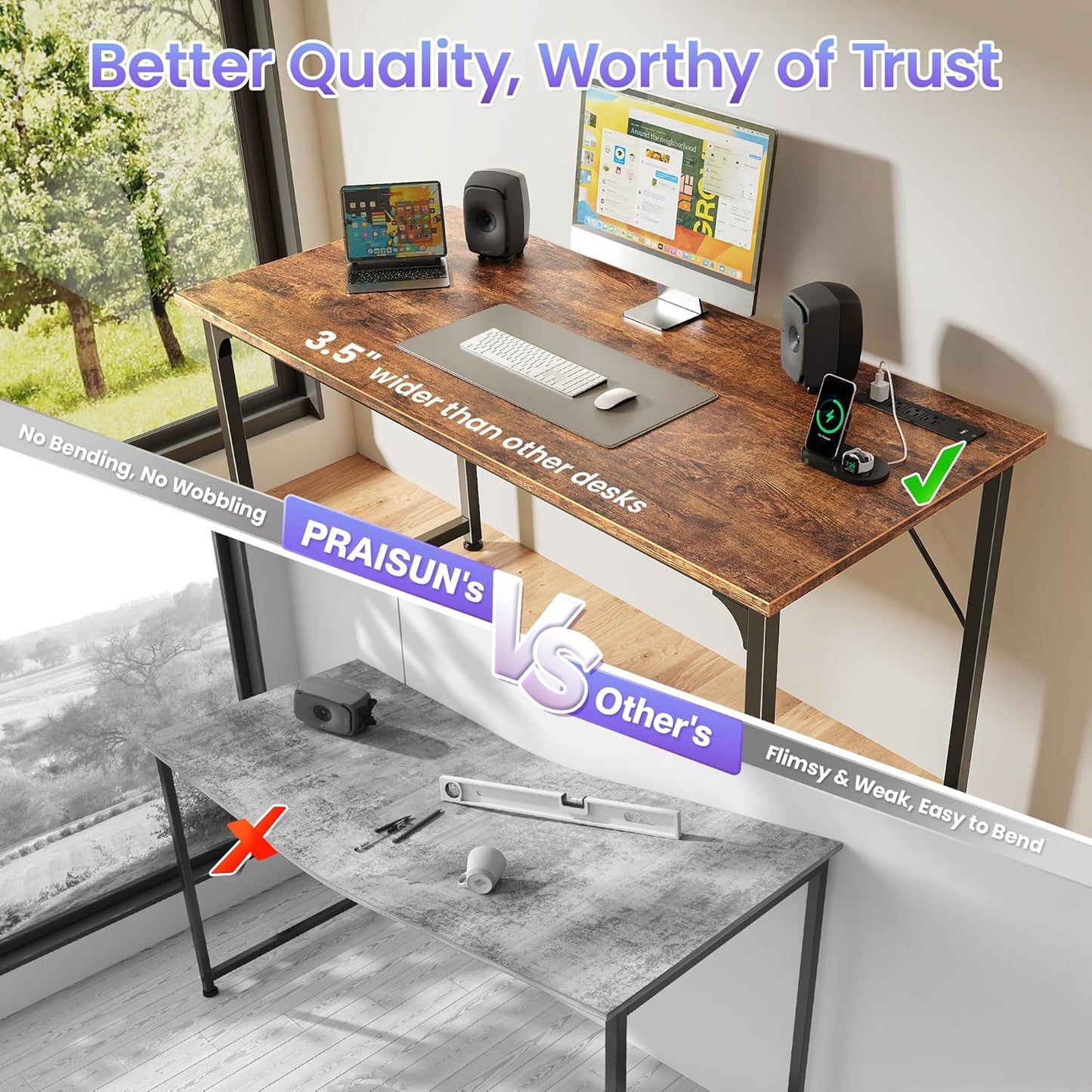 PRAISUN 47 X 20 Inch Office Computer Desk with Power Outlets and USB-C Port, Larger Gaming Desk, for Home Office, Study, Bedroom, Writing Work from Home Table, Metal Frame, Rustic Brown
