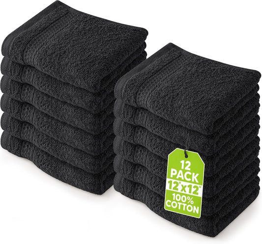 Utopia Towels 12 Pack Premium Wash Cloths Set, 12 by 12 Inches, 100% Cotton Ring Spun, Highly Absorbent and Soft Feel Essential Washcloths for Bathroom, Spa, Gym, and Face, Black