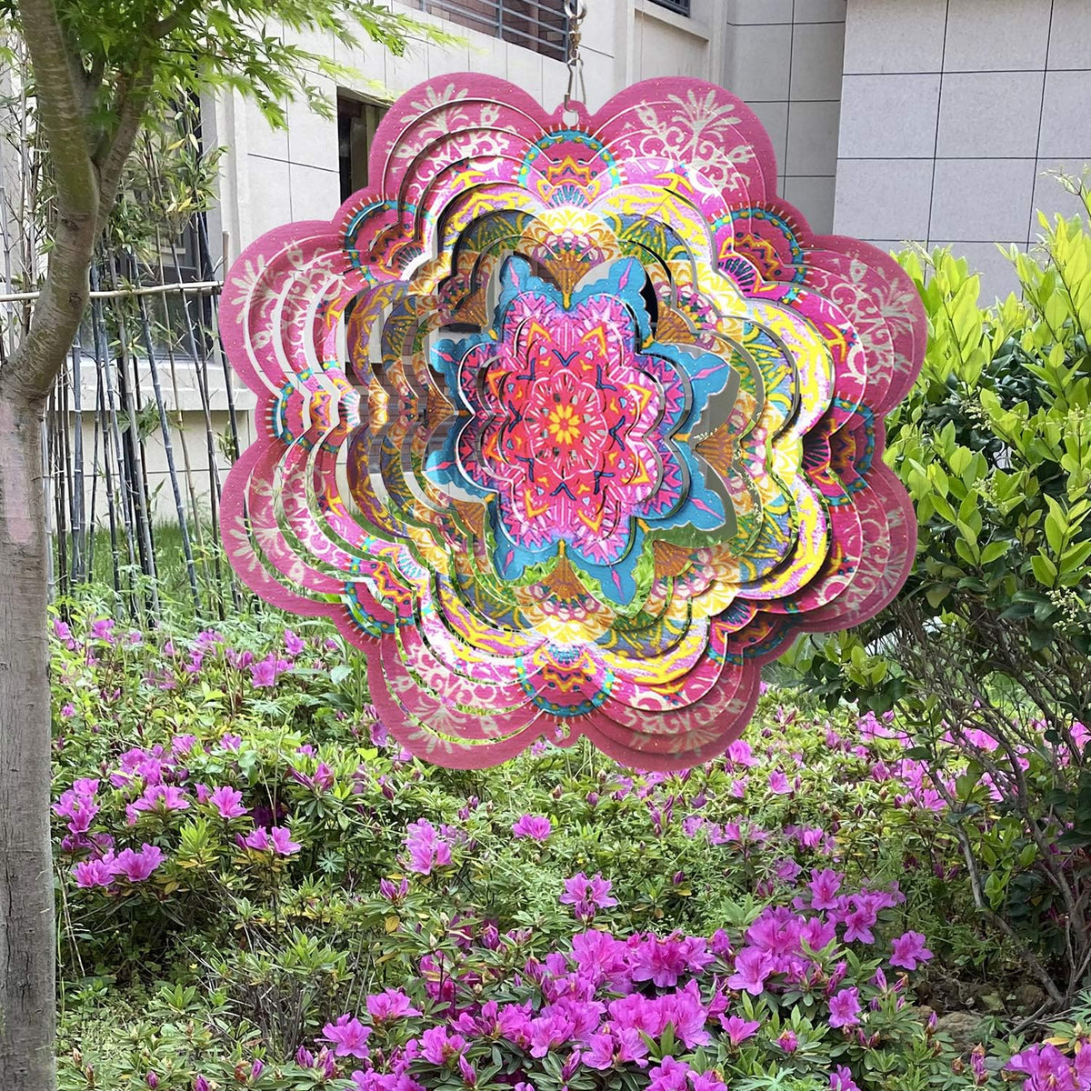 FONMY Wind Spinner 3D Stainless Steel by Laser Cut Indoor/Outdoor Garden Decoration Crafts Ornaments Kinetic Yard Art Decorations 6 inches Pink Flower Mandala Wind Spinners
