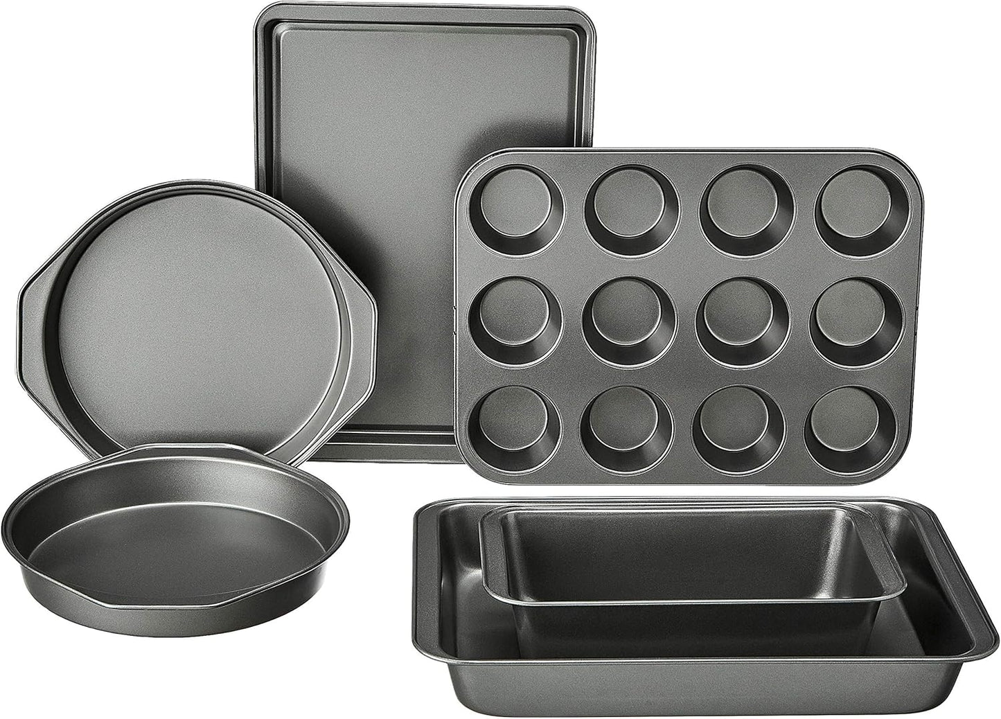 Amazon Basics 6 Piece Nonstick Carbon Steel Bakeware Set with Cake, Muffin, Cookie, and Loaf Pans, Easy Release, Oven Safe, 16.25 x 11.75 x 6.25 inches