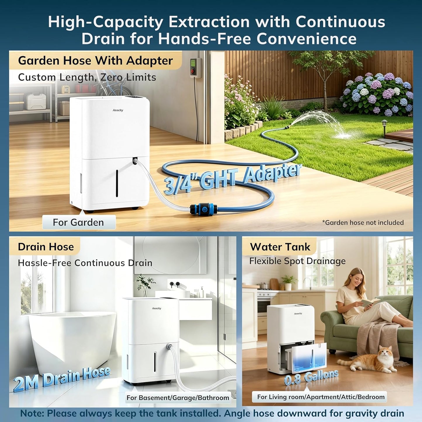 AEOCKY 50 Pint/Day Compressor Dehumidifier, 3500Sq.Ft for Basement, Home, Bedroom, Bathroom, with Drain Hose, 0.8 Gallon Water Tank Capacity, Intelligent Humidistat, Quiet
