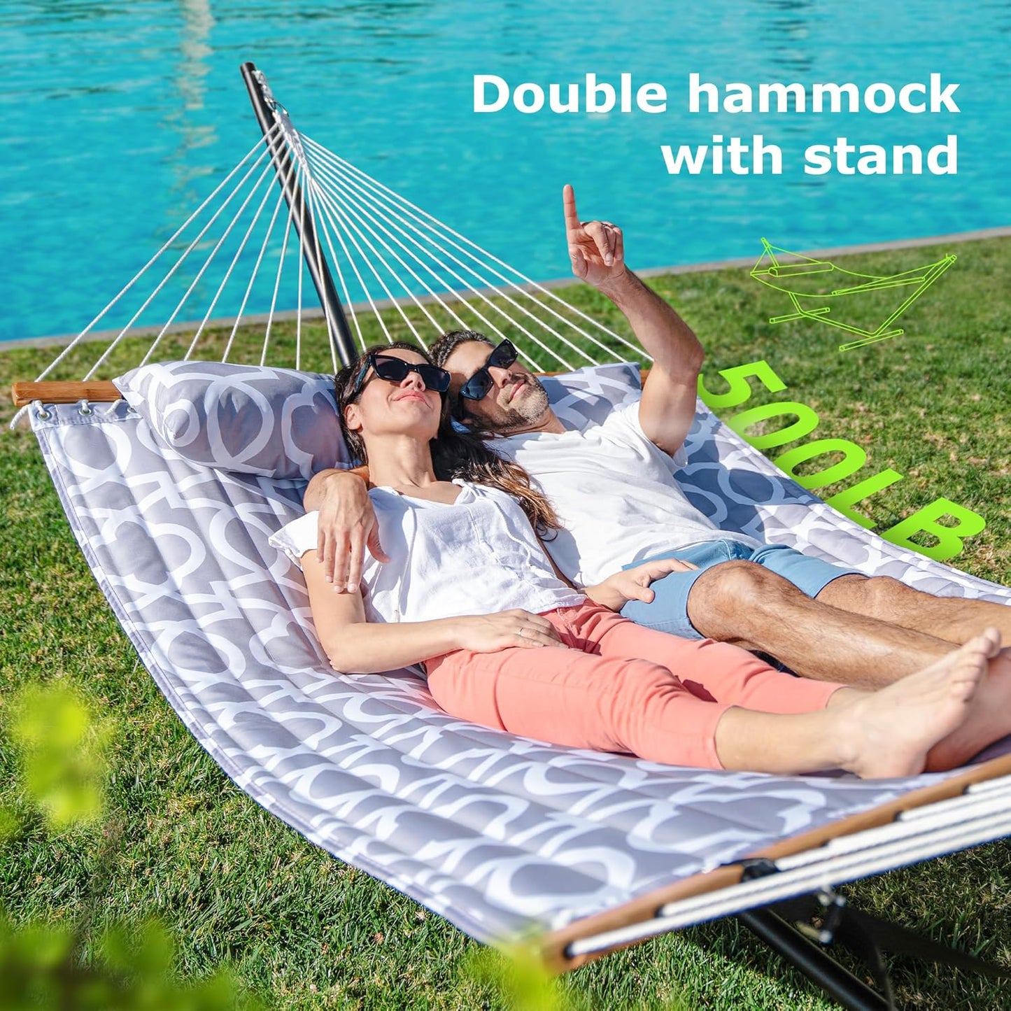 ANAGOO Double Hammock with Stand, Heavy Duty Outdoor Hammock for Two, 500 LBS Capacity, Stable Steel Frame with Balance Strap, Easy Tool-Free Assembly for Patio, Garden, Backyard & Beach,White Grey