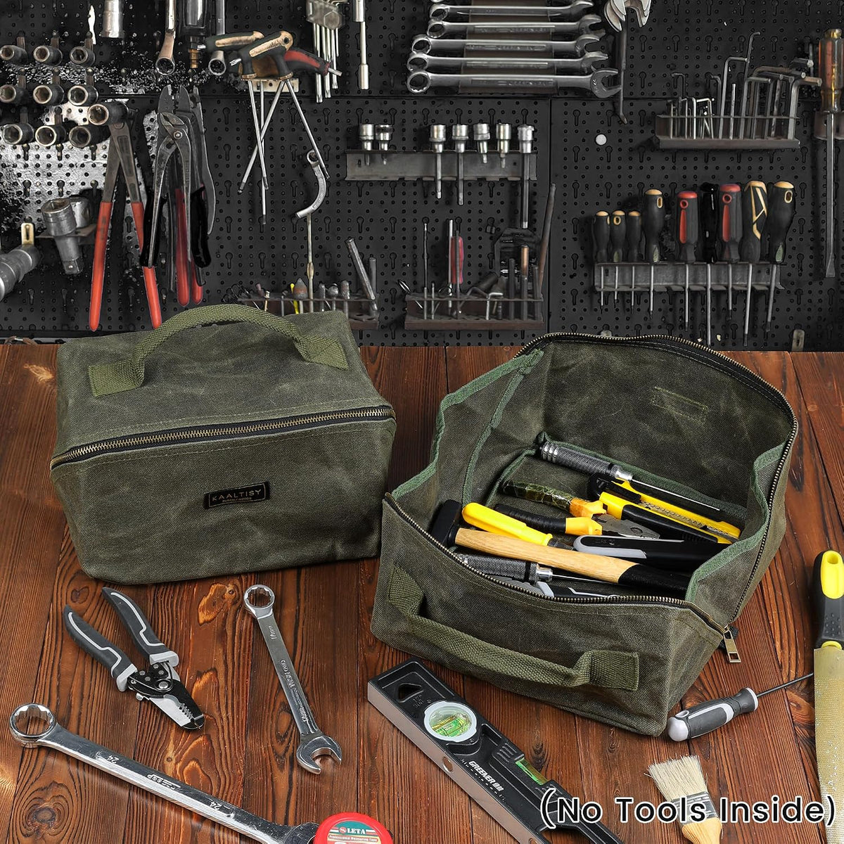 Canvas Tool Bag, Zippered Tool Pouch with Handle, 16 OZ Waxed Canvas Tool Storage Organizer | 2-Pack | 9.5"L x 10.5"W x 5.5"H (Opened) - Army Green