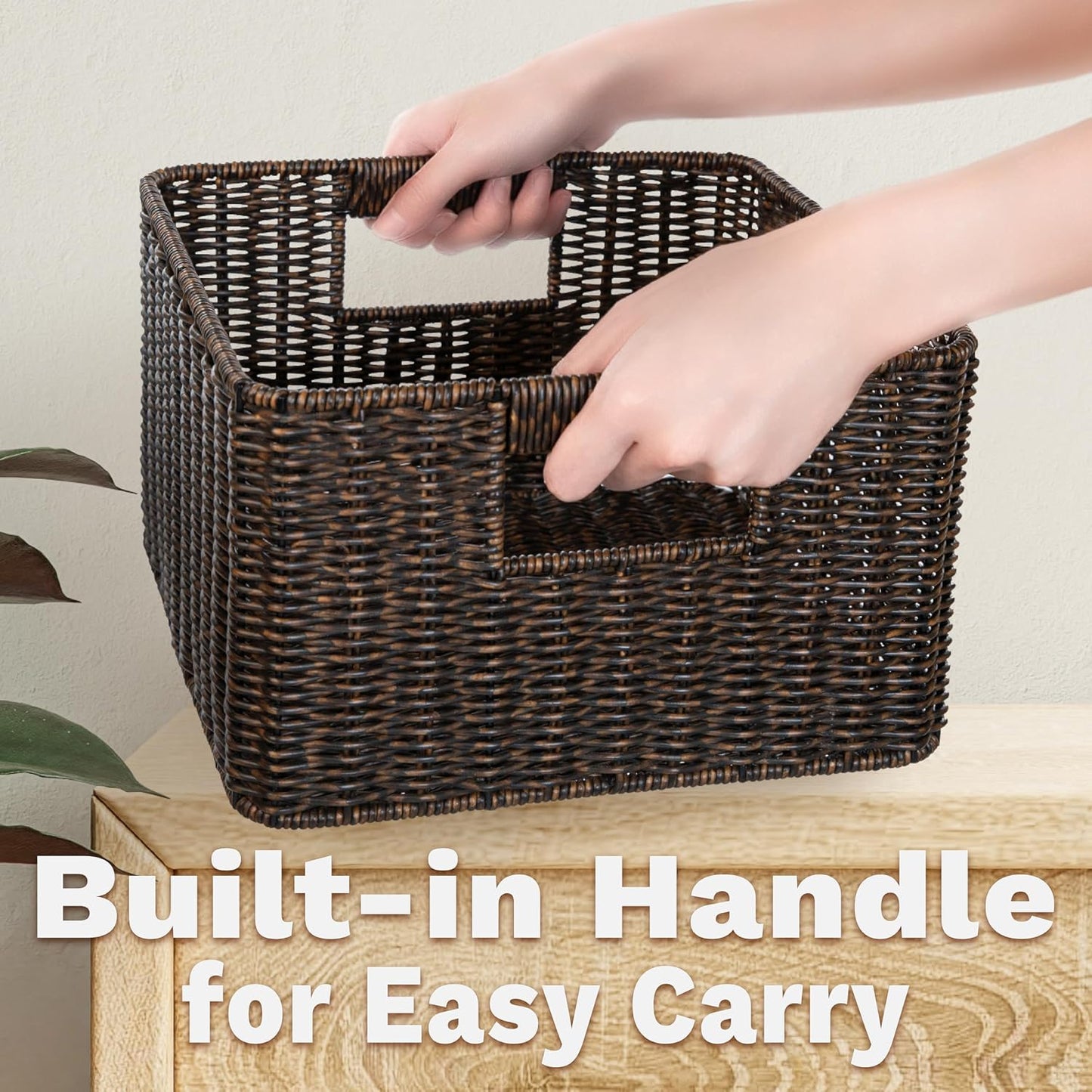 myHomeBody Wicker Storage Basket, Storage Cubes, Resin Wicker, Rustic Brown | Set of 3, Woven Baskets for Organizing, Wicker Baskets for Shelf, Large Cube Storage Organizer