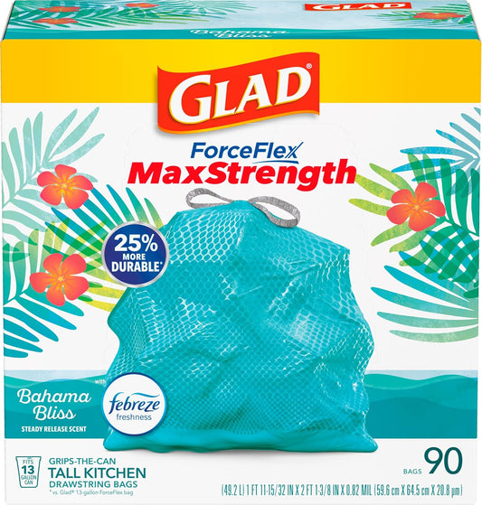 Glad ForceFlex MaxStrength Kitchen Trash Bags, 13 Gal, Bahama Bliss Febreze, 90 Ct (Pack May Vary)