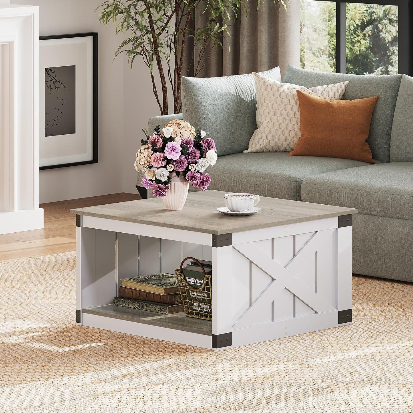 WLIVE Coffee Table, Farmhouse Coffee Table with Open Storage, 31.5" Wood Square Living Room Tables, Rustic Dining Cocktail Center Table for Living Room, White