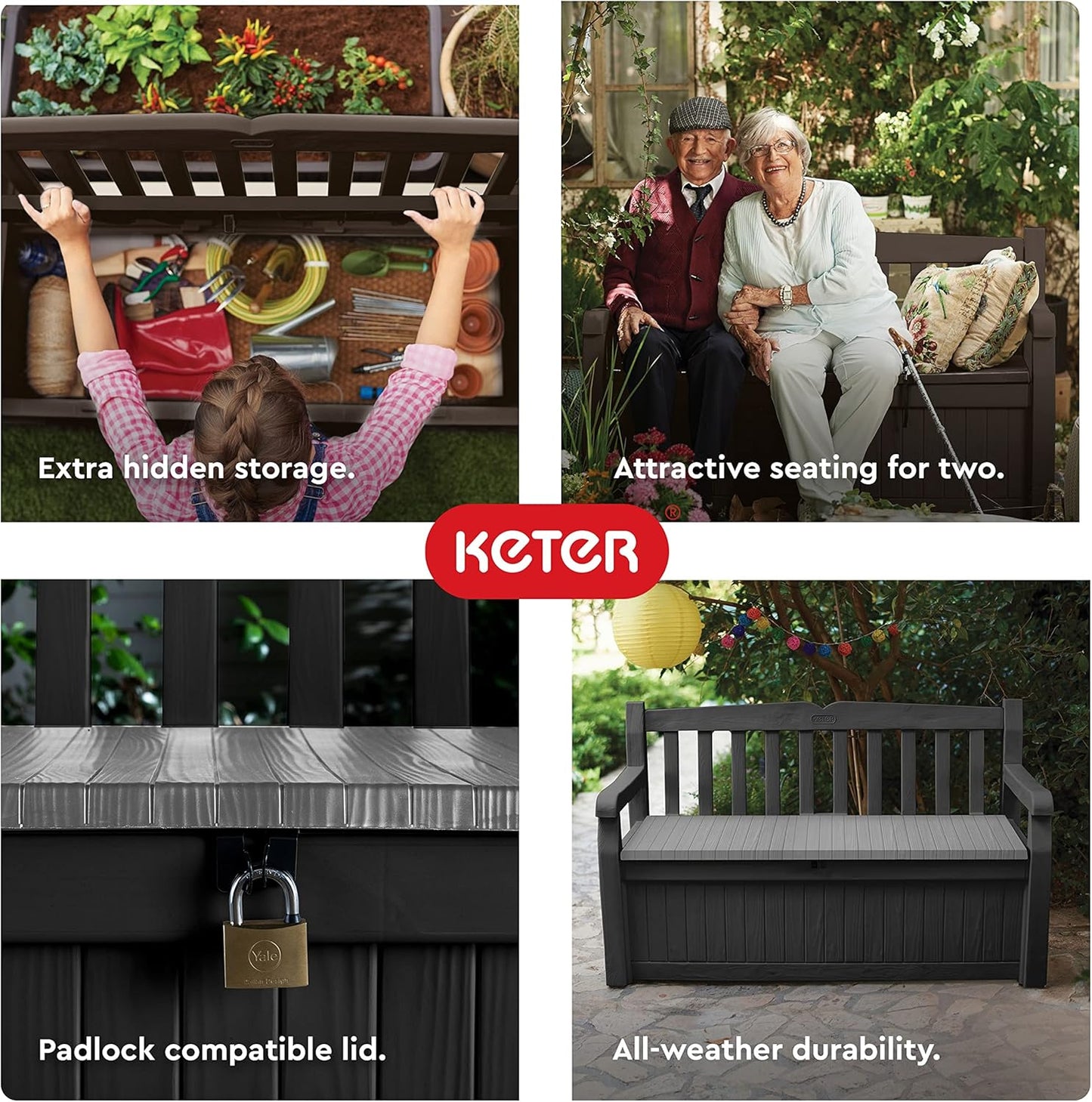 Keter Solana 70 Gallon Storage Bench Deck Box for Patio Furniture, Front Porch Decor and Outdoor Seating – Perfect to Store Garden Tools and Pool Toys, Brown/Brown