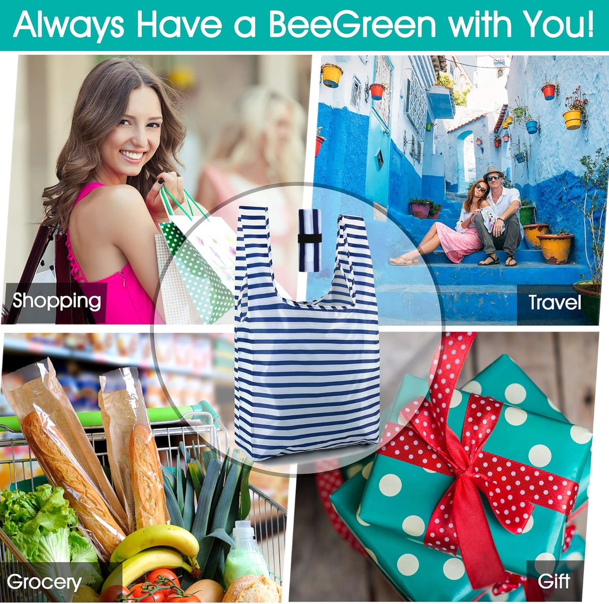 BeeGreen Reusable Foldable Shopping Totes with Handles,12 Pack Heavy Duty Polyester Fabric Geometry Grocery Bags, Large Fashion Reusable Bags for Travel & Groceries, Washable Cloth Bag Bulk