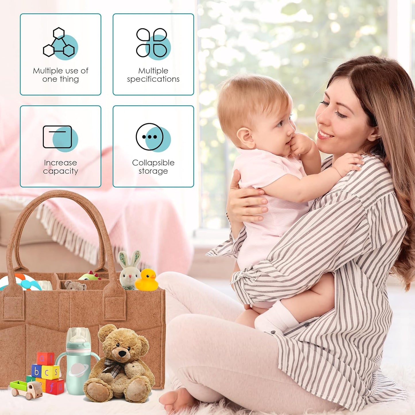 Cute Castle 2 Pack Diaper Caddy Organizer - Portable Baby Caddy Organizer with Handle, Nursery Storage Bin and Car Organizer for Girls, Boys - Baby Gift Basket - Caramel