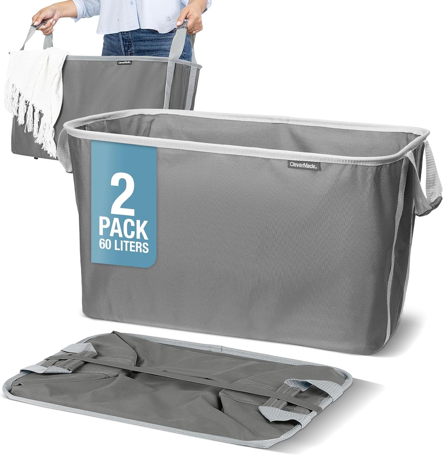 Collapsible Laundry Basket - Shadow Gray/Stone Gray (2PK) | Clear Floor Space Between Laundry Days | Each Basket Holds 55 lb, Stays Upright While Loading, and Folds to 1.25 Inches