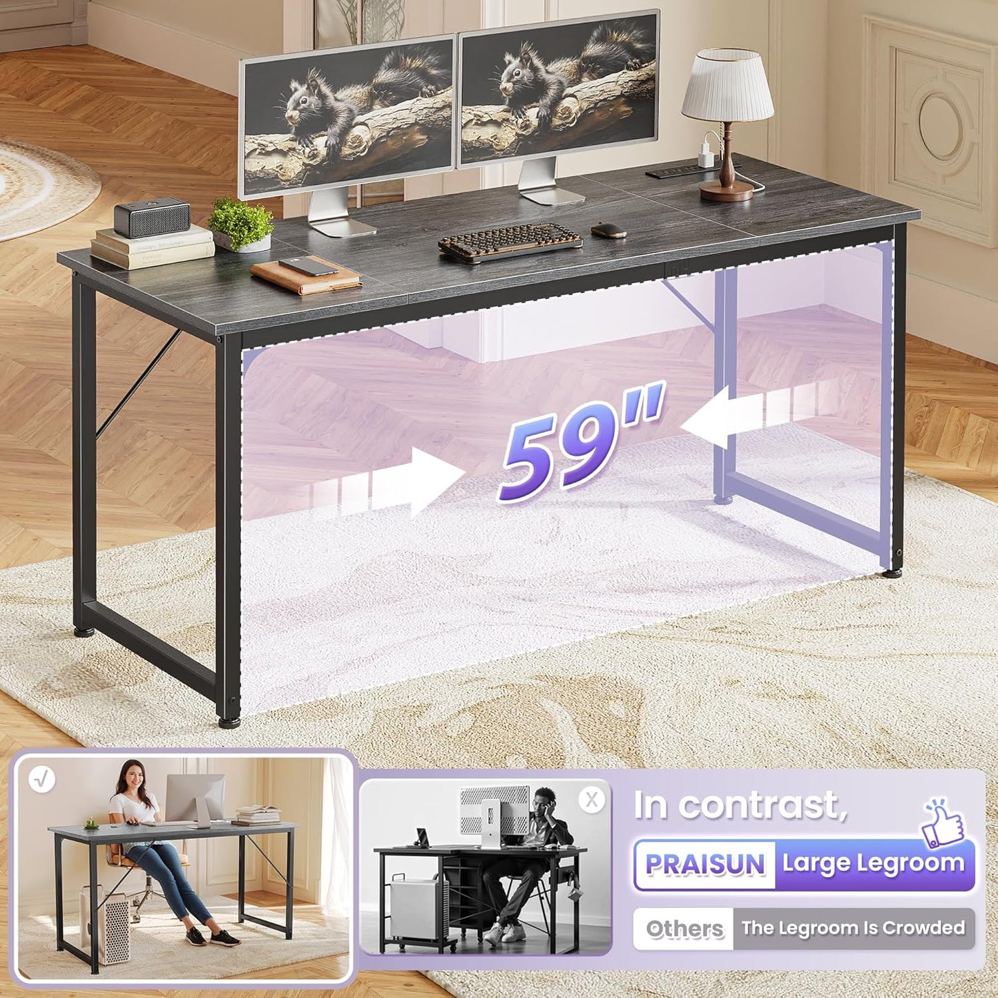 PRAISUN 63 X 24 Inch Office Computer Desk with Power Outlets and USB-C Port, Larger and Longer Gaming Desk, for Home Office, Study, Writing Work from Home Table, Metal Frame, Grey