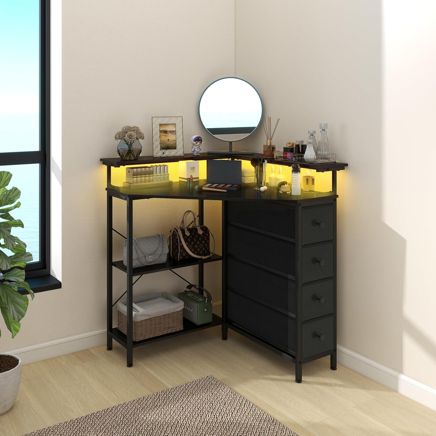 VENNQD Corner Desk with Drawers Shelves for Small Space 90 Degrees Triangle Computer Desk with Power Outlets,Gaming Desk with LED Lights Monitor Stand for Home Office Workstation Writing Table (Black)