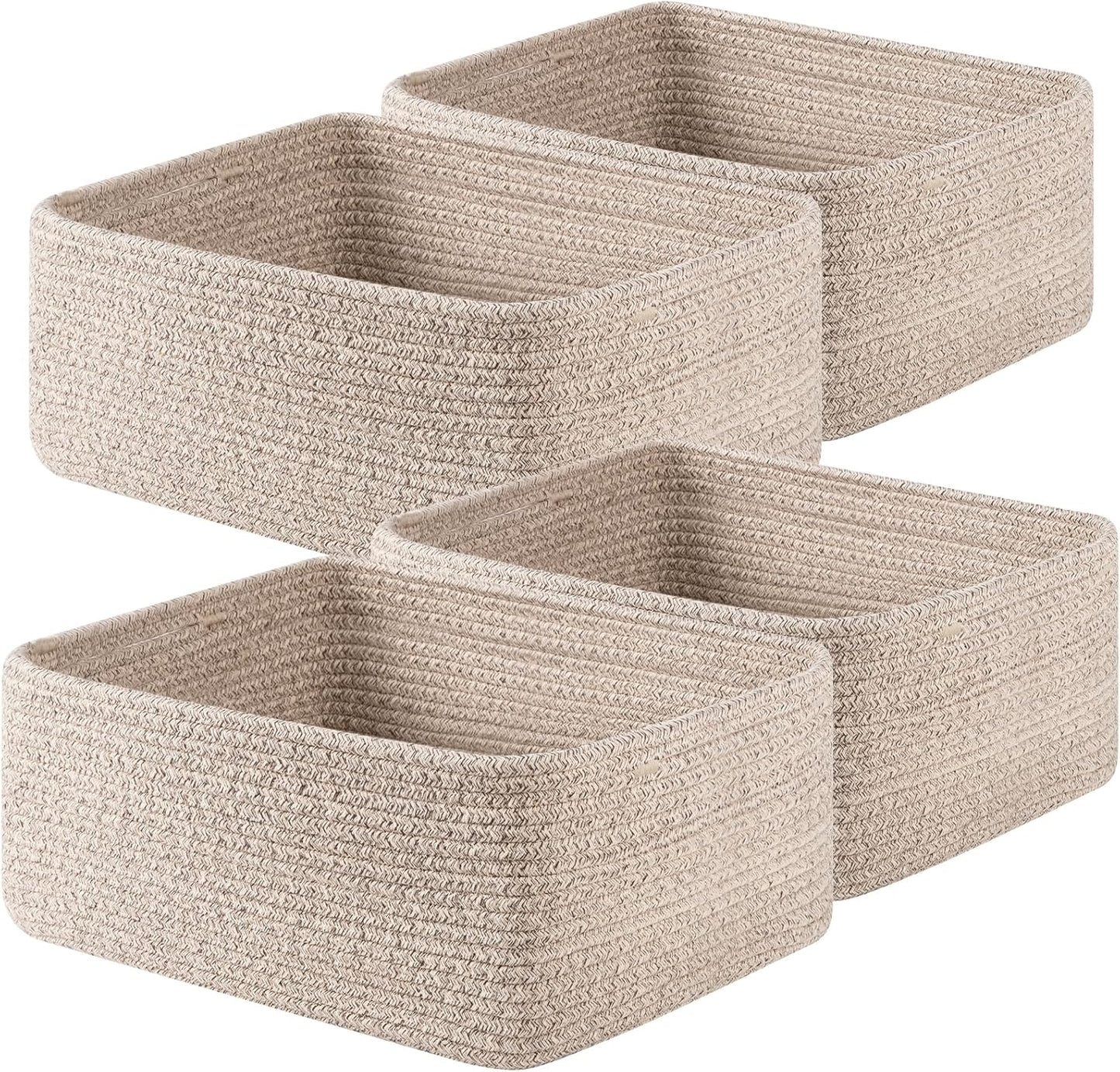 OIAHOMY 4 Pack 14.17 * 11.02 * 6.3IN Storage Baskets for Organizing Shelves, Woven Rope Baskets for Organizing Books, Clothes, Decorative Basket for Living Room, Nursery, Bedroom, Gift Basket, White