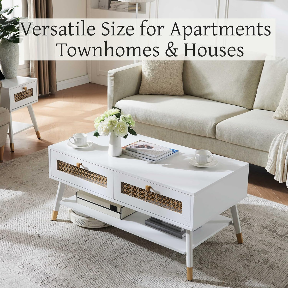 Wooden Mid Century Modern Coffee Table, Retangle Accent Center Table with Two Drawers, Coffee Tables for Living Room, White