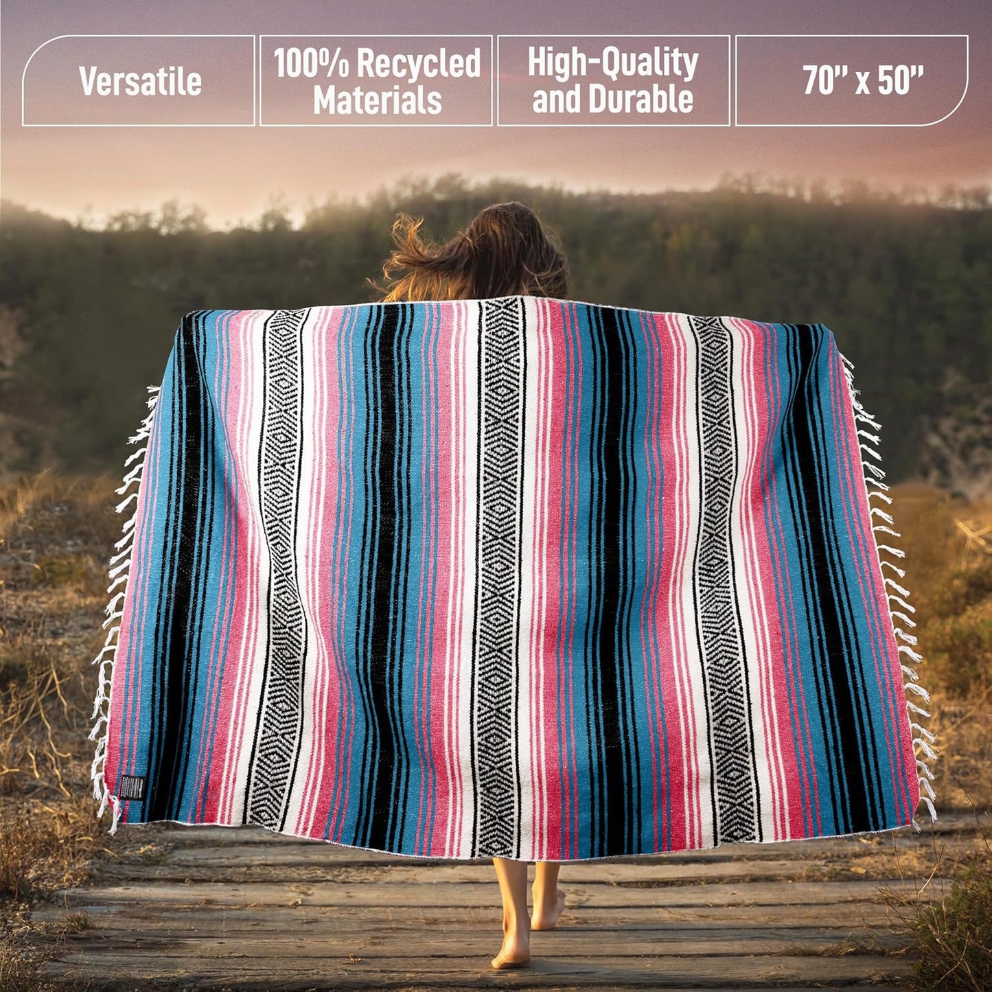 Hydration Nation Authentic Large Handwoven Mexican Striped Throw Blanket - Soft, Durable, Eco-Friendly - 70"x50" - Cotton Candy