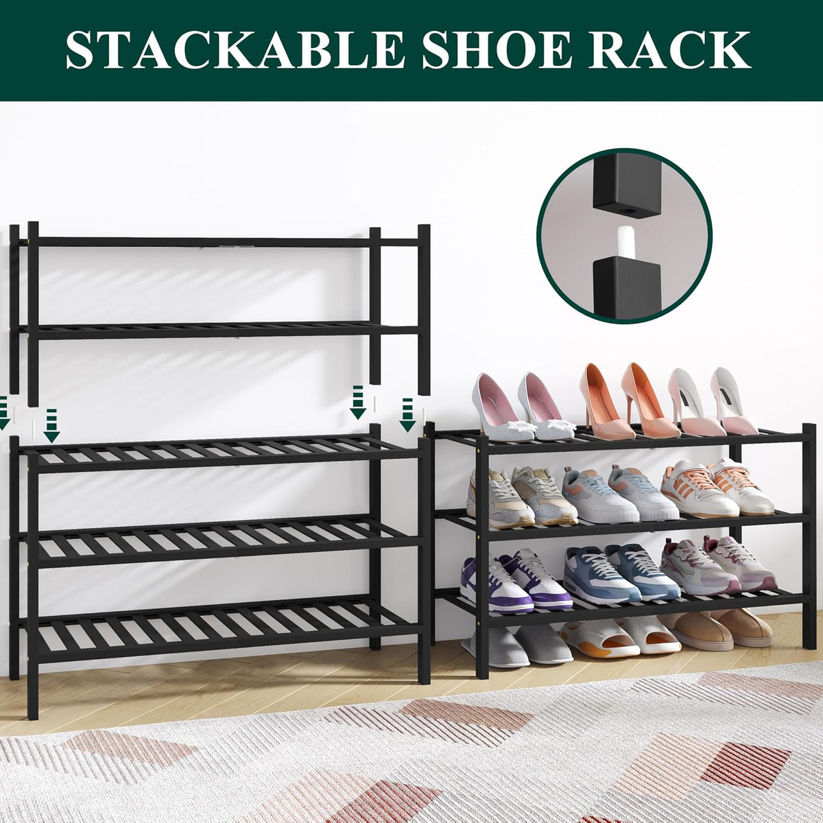 Smiry Bamboo Shoe Rack for Closet, 5 Tier - 26.77" Wide, Black