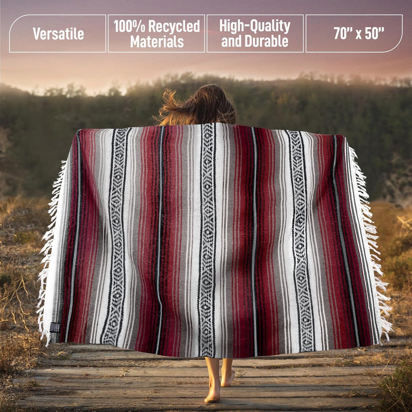 Mexican Blanket (Authentic Handmade Falsa) - Durable, Lightweight Baja Indian Blanket for Yoga, Beach, Camping, Picnic, Car/Truck, Outdoor Mexican Throw, Baja Saddle Blanket, 70"x50", Cherry